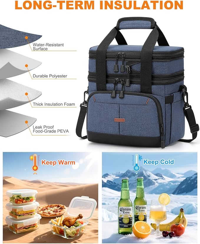 Lunch Box For Men Women Double Deck Insulated Lunch Bag For Men Woman Leakproof Expandable Cooler Bag with Adjustable Shoulder Strap for Work Picnic School(Blue,16L)