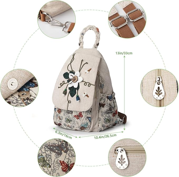 Ladys Convertible Sling Bag, Hand Craft Artisan Purse, Girls Beautiful Canvas Premium Casual Day Mini Backpack for Women (Flower Bee)