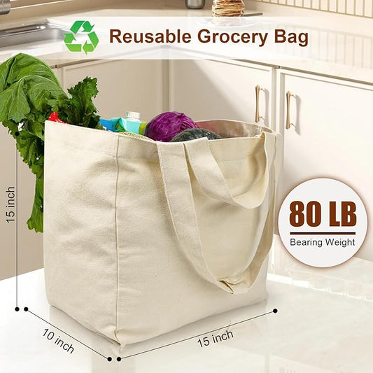 VitaSerena Heavy Duty Reusable Grocery Bags 3pcs XL Set, Washable Canvas Grocery Bags with Dual Handles, Inner Pockets, Shrink Resistant, Foldable