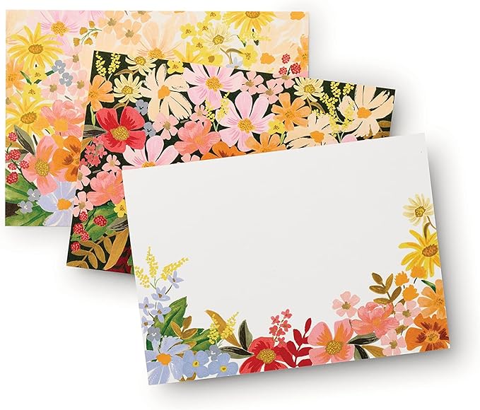 RIFLE PAPER CO. Marguerite Social Stationery Set - Set of 12 Cover-Weight Flat Notes - Full Color Designs on Back - Natural White Cover Paper - Great for Thank Yous, Greetings and More