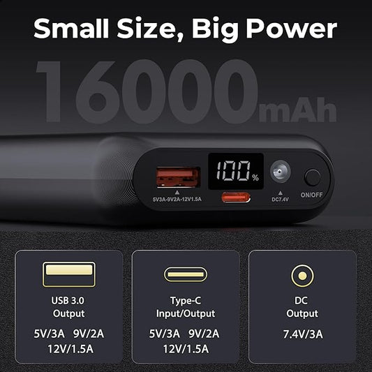 7.4V 16000mAh Battery Pack for Heated Vest with DC/USB-A/USB-C Ports, Portable Rechargeable Power Bank with LED Display, Heated Vest Battery Pack for ORORO Venustas Heated Vest, Jacket, Pants