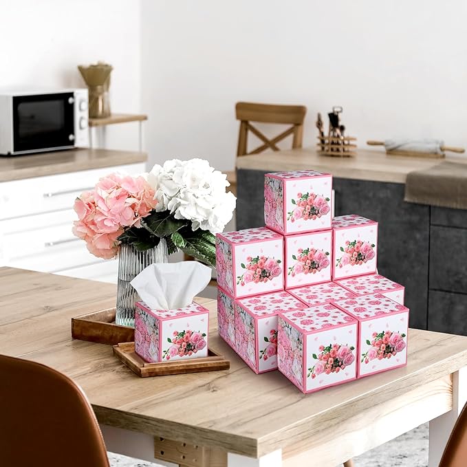 12 Pack Summer Rose Floral Facial Tissues Cube Boxes 600 Sheets 3 Ply Pink Small Square Flower Face Tissues Bulk for Summer Car Bedroom Supplies