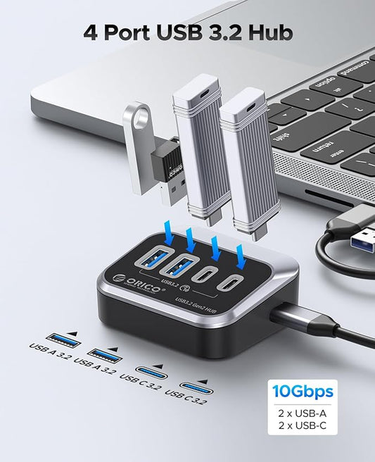 ORICO USB Hub 10Gbps with 2 USB A Ports+2 USB C Ports, USB 3.2 Gen 2 Hub with 3.28Ft USB-C-A/C Cable USB Splitter for iMac, MacBooks, Mac mini