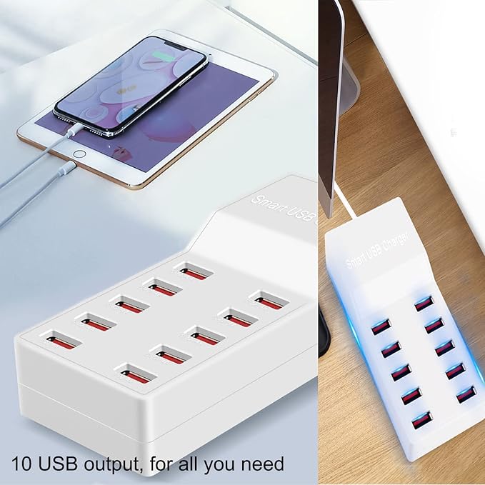 MaxLax USB Charger Station,10-Port 50W/10A Multiple USB Charging Station with Smart IC Technology,Multi Ports Charger Charging for Smartphones,Tablets,and Other Devices.