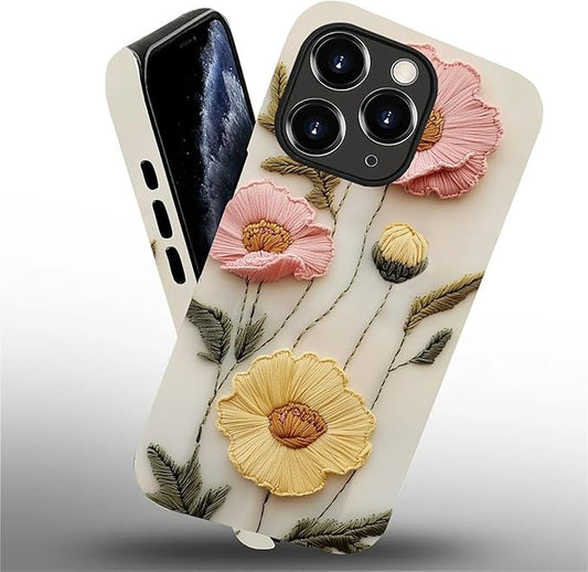 Case for iPhone 11 Pro Max Case,Faux Embroidery Boho Floral Design - Hybrid Dual Protection Silicone + Hard PC Shockproof Full Body Cover Slim Anti-Scratch Protective Case for Men Women
