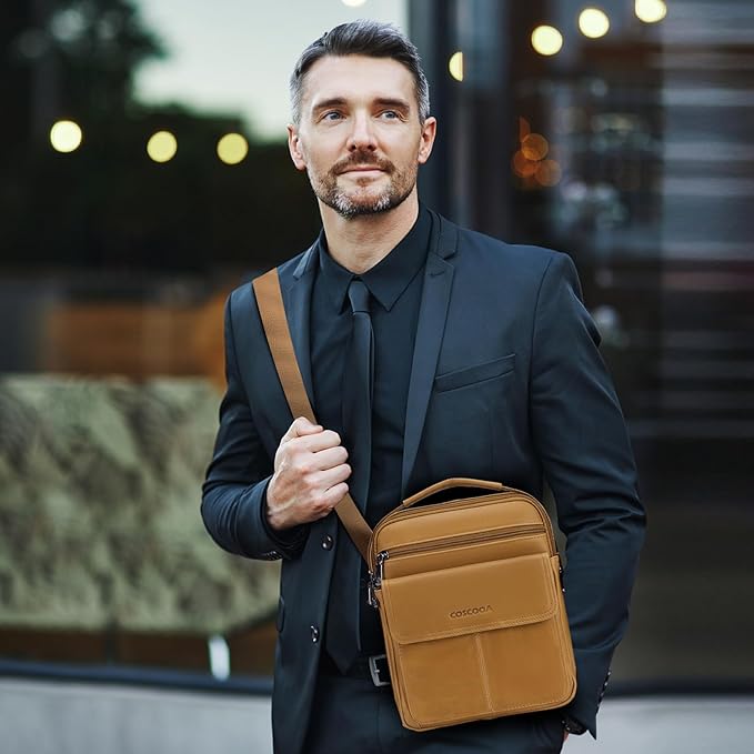 Men's Leather Crossbody Shoulder Bag - Messenger Satchel Travel Handbag