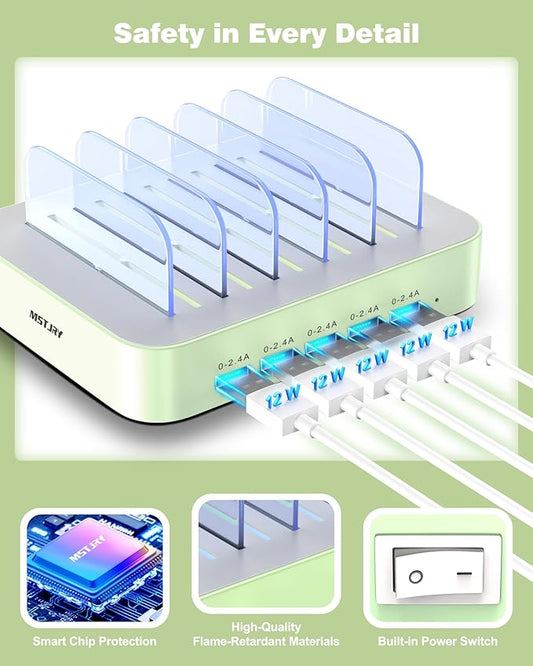 MSTJRY Charging Station for Multiple Devices : 5 Port Multi USB-A Charger Stations Multi-Device Organizer Charging Dock Designed for iPhone iPad Cell Phone Tablets (7 Short Cables Included), Cyan