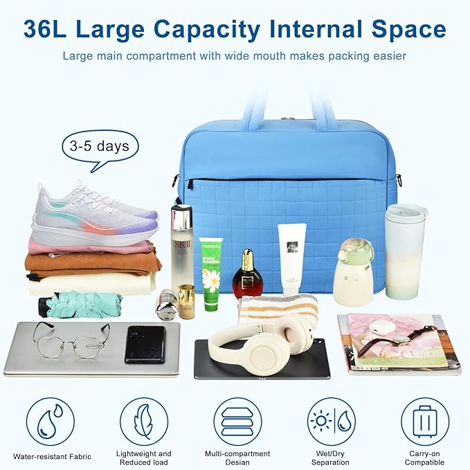 Felipe Varela Large Puffy Tote Bag, Gym Bags for Women with Shoe Compartment, Weekender Overnight Lightweight Carry on Puffer Duffle Bag for Travel (Blue,36L)
