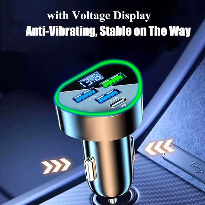 Multi Port USB C Car Phone Charger Adapter 4 in 1 with Voltage Display Super Fast Cigarette Lighter USB Charge with Volt Meter for iPhone 16/15/14/13/12 Galaxy Android Phones