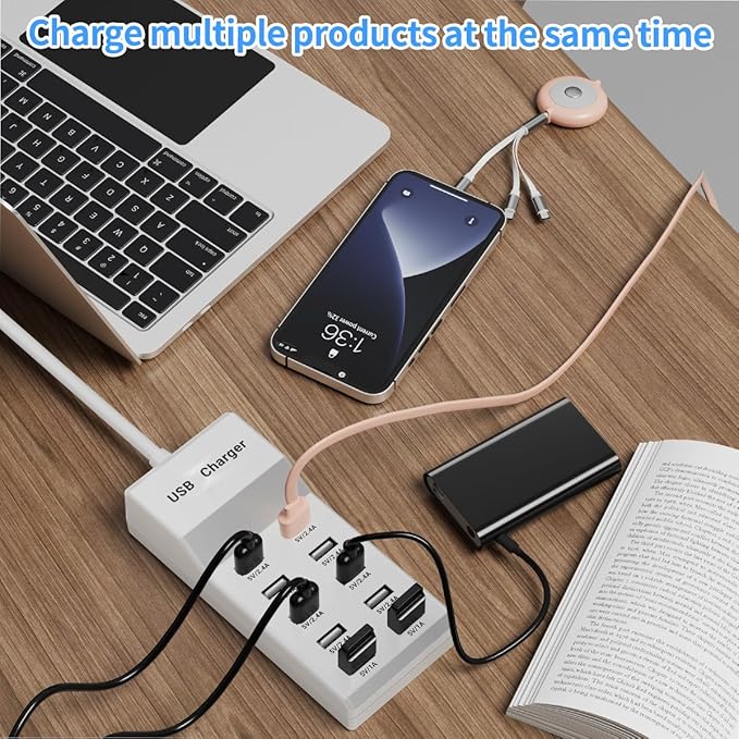Charging Station - 10-Port USB Charging Hub, Smart Multi-Port Charger, 70.8-Inch Extension Cable, Compatible with Various Devices, Phones, Cameras, Bluetooth Headsets, Tablets, etc. (2 Piece)