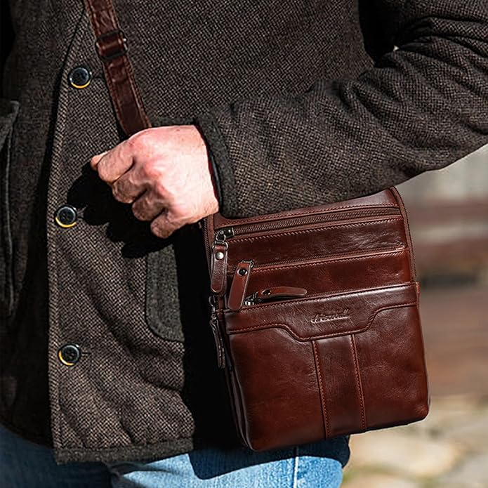 Leather Messenger Bag for Men, Small Leather Sling Shoulder Bag Messenger Pack for Men, Man Purse