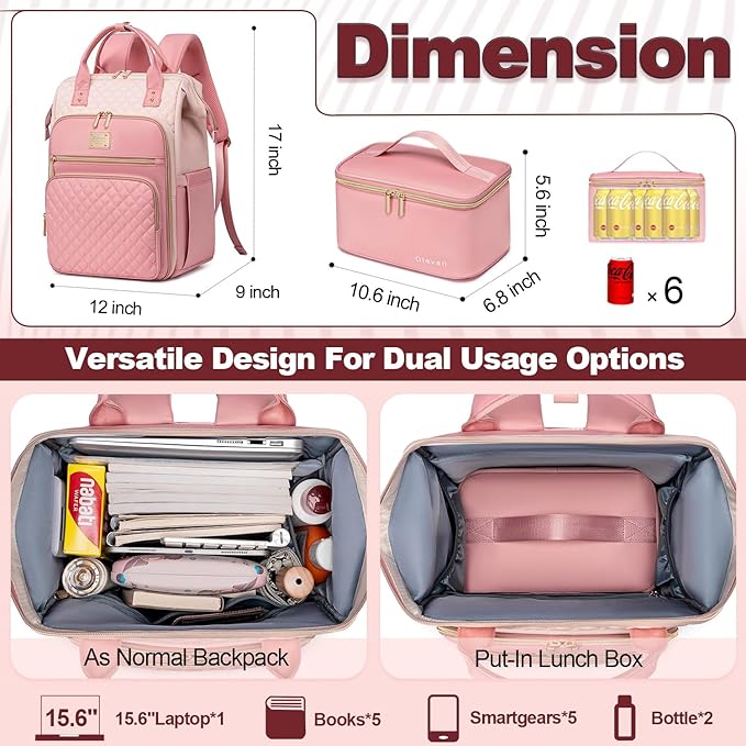 Lunch Backpack for Women, 15.6 inch Laptop Backpacks for Womens, Work Backpacks with Lunchbox,Insulated Back pack Cooler,Teacher Nurse Travel Backpack for Women