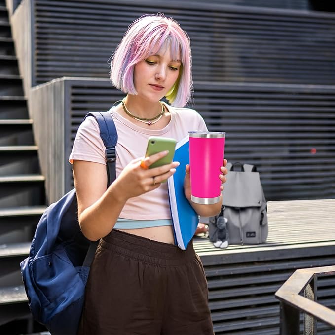 20 oz Tumbler Coffee Tavel Tumblers Bulk with Lid Stainless Steel Double Wall Vacuum Insulated Mug Powder Coated Cups fit Car Cupholder for Hot and Cold - Hot Pink, 4Pack