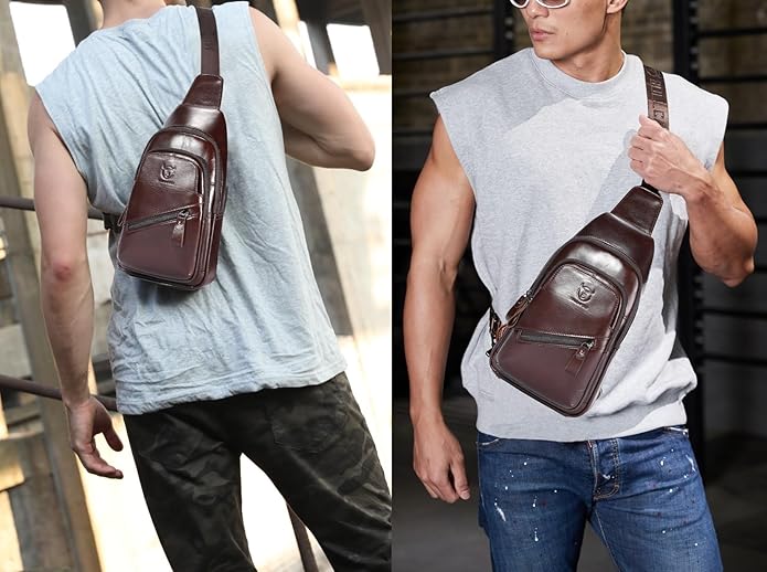 BULLCAPTAIN Mens Leather Sling Bag Backpack Casual Outdoor Shoulder Crossbody Chest Bag with USB Charging Port
