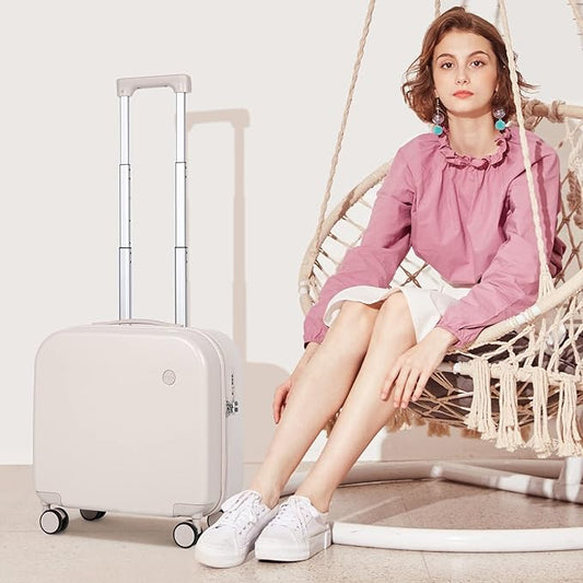 mixi Carry on Luggage, Suitcase with Spinner Wheels 16in Luggage Hardshell Lightweight Rolling Suitcases PC with Cover & TSA Lock, Off White(Slight Pink)