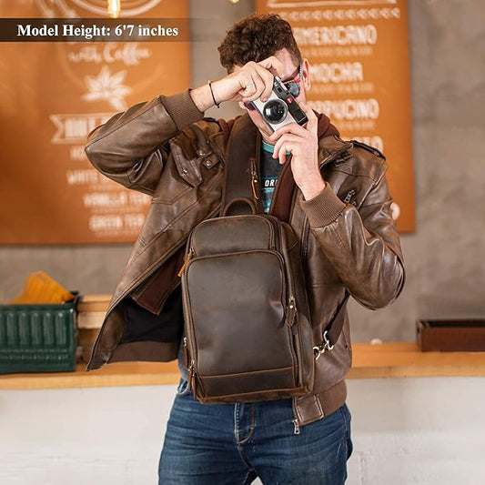 Polare Modern Style Sling Shoulder Bag Men’s Travel/Hiking Daypack with Full Grain Italian Leather and YKK Zippers