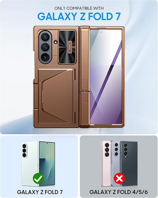 for Samsung Galaxy Z Fold 7 Case with Card Holder RFID Blocking, Built in Slide Lens Cover & Hinge Protection & Kickstand & Screen Protector, Shockproof Wallet Case for Z Fold 7 (Desert Gold)