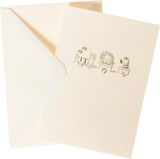 Graphique Baby Train Cards, Pack of 10 Cards with Envelopes, Newborn Greeting, Congratulations to New Parents, Blank Inside, Gold Foil Embossing, La Petite Press Collection Boxed Set, 3.25" x 4.75"