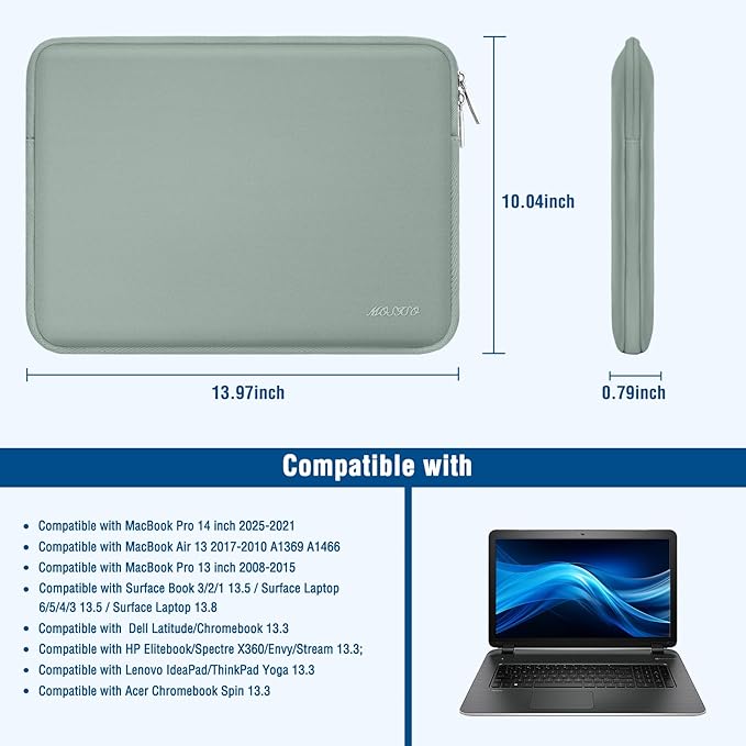 MOSISO Laptop Case 13.3 inch, 13-13.3 inch Laptop Sleeve Bag Compatible with MacBook Air/Pro 13 / Pro 14, HP Dell ASUS Lenovo Notebook, Neoprene Computer Sleeve Bag with Small Case, Antique Green