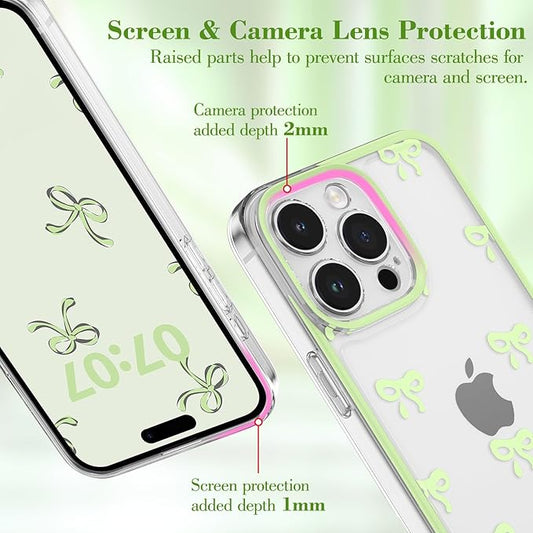 EYZUTAK Case for iPhone 11 Pro Max, Clear Cute Ribbon Bowknot Pattern Aesthetic Transparent Phone Case Raised Camera Protection Stylish Slim Soft Durable TPU Protective Cover for Women Girls - Green
