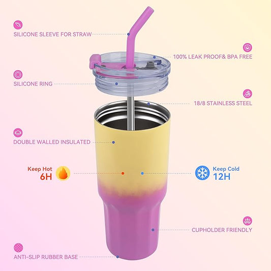 VEGOND 30 oz Insulated Stainless Steel Tumbler with lid and straw Double Wall Vacuum Travel Coffee Mug with Non-Slip Silicone Base, Sweat Proof Powder Coated Cup for Hot Cold Drinks, Pink and Yellow