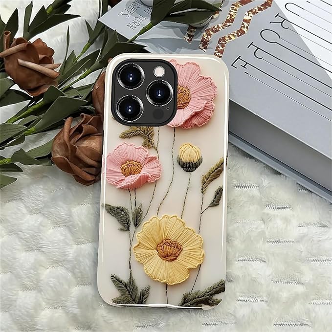 Case for iPhone 15 Pro Max Case,Faux Embroidery Boho Floral Design - Hybrid Dual Protection Silicone + Hard PC Shockproof Full Body Cover Slim Anti-Scratch Protective Case for Men Women