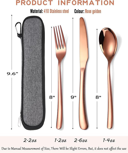 MURRI&MURRDI Stainless Steel Cutlery Set for 1, Reusable Flatware Set with Case, Cutlery Set for Work Stainless Steel Knife Fork Spoon Set 3 Piece (B- 3 Rose Gold)