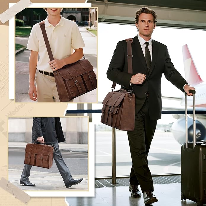 RAINSMORE Mens Messenger Bag 17 Inch Vintage Leather Laptop Briefcase Magnetic Closure Large Satchel Computer Shoulder Bag