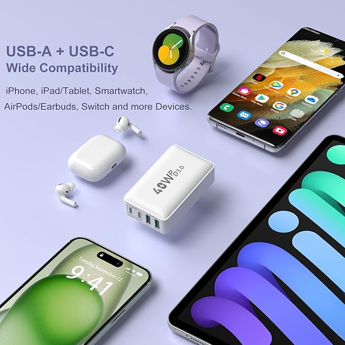 Flat USB C Wall Charger, OKRAY 3-Pack 40W 4-Port QC&PD3.0 Fast Charging Blocks with Foldable Plug, Slim USB A&USB C Charger Multiport Power Adapter for iPad, iPhone 16 15 14 13 12 Pro, AirPods, iwatch