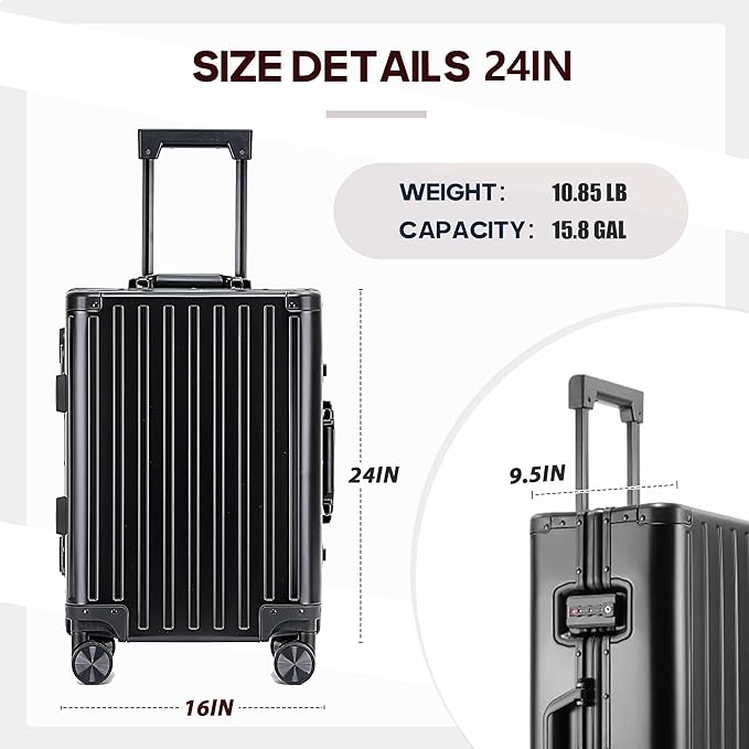 YYW All aluminum-magnesium Carry-On Luggage 24 Inch,Airline Approved Lightweight Suitcase with TSA Lock and Silent Wheels,Suitable for business travel(Black, 24in)