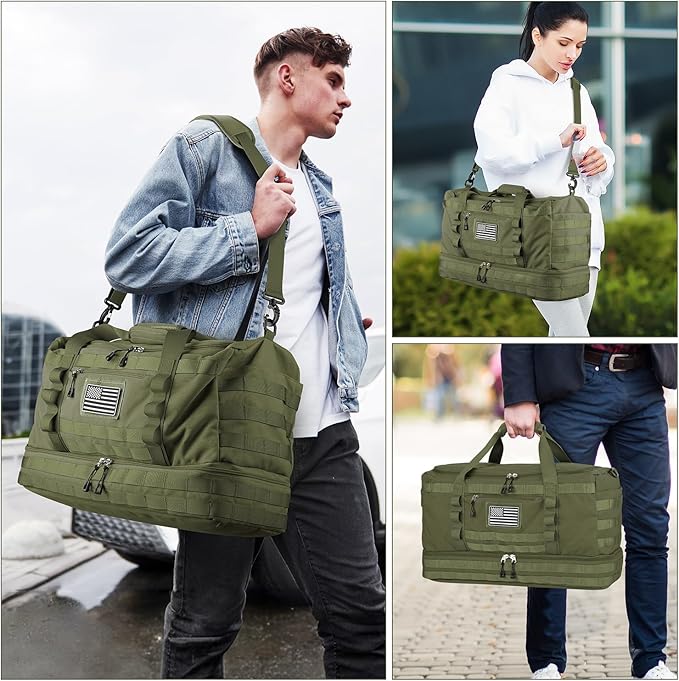 ETRONIK Travel Bag for Men Women, Gym Bag & Tactical Duffle Bags for Travel, Carry on with Toiletry Bag and Shoe Compartment, Weekender Overnight Trip with Wet Pocket for Workout Medical, Green