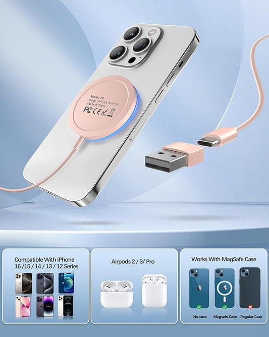 Magnetic Wireless Charger Fast Mag-Safe Charger for 16 Pro Max/16 Pro/16/16 Plus/15/14/13/12 Series AirPods 3/2/Pro/Pro 2 LED Magnet Charging Pad with Dual Charging Ports Pink