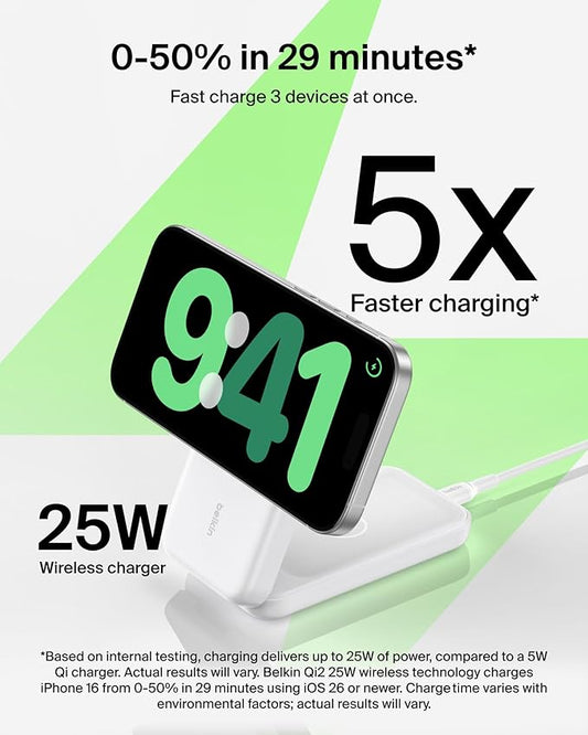 Belkin MagSafe Charger Compatible, 3-in-1 Charging Station, Qi2.2 25W Magnetic Wireless Charger Dock, Foldable Charging Stand for iPhone 17/16/15, Apple Watch, AirPods, Pixel 10 (45W Adapter Included)