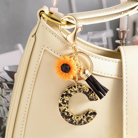 SELOVO Initial Keychain for Key Handbag Backpack Black Yellow Letter Keyring