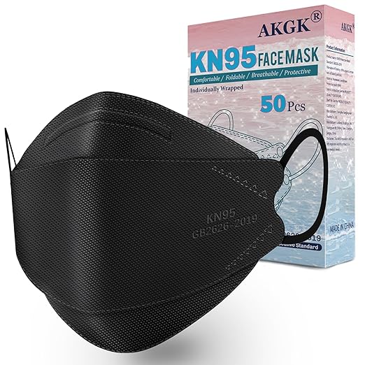 akgk KN95 Face Masks 50 Pack, Individually Wrapped, 5-Ply Disposable Black Face Mask Against PM 2.5 Smoke and Dust