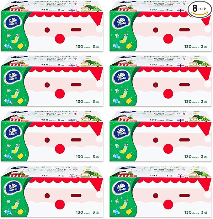 3-Ply Premium Soft Facial Tissues, Ultra Care for Sensitive Skin, 130 Tissues per Box, 8 Flat Boxes – Strong, Gentle & Ideal for Home or Office Use