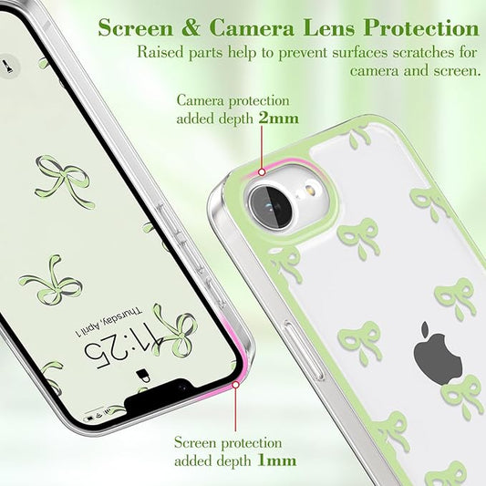 EYZUTAK Case for iPhone 16e, Clear Cute Ribbon Bowknot Pattern Aesthetic Transparent Phone Case Raised Camera Protection Stylish Slim Soft Durable TPU Protective Cover for Women Girls - Green