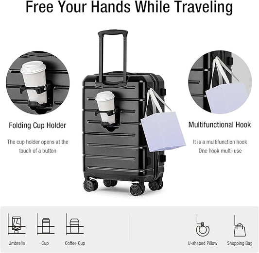 KYME Carry On Luggage 22x14x9 Airline Approved Hard Shell Carry On Suitcase with TSA Lock Hardside Suitcases with Wheels Travel Rolling 22 Inch Luggage with Cup Holder for Men Women Black