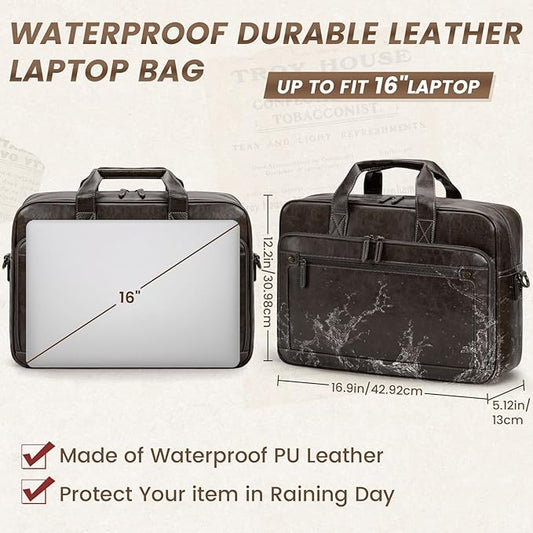 RAINSMORE Mens Laptop Bag 16 Inch Leather Briefcase Vintage Messenger Bag for Men Large Crossbody Shoulder Office Computer Bag Retro College Satchel for Work, Business,Travel, Coffee