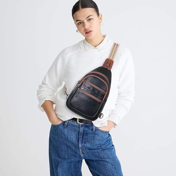 Sling Bag for Women Crossbody Fanny Pack Belt Bag Sling Purse Vegan Leather Trendy Travel Anti Theft Brown/Black