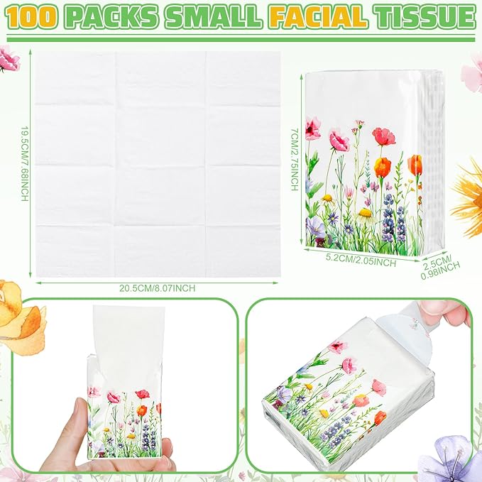 Therwen 100 Pack Pocket Tissues Travel Packs Bulk 1000 Sheet Mini Tissues Bulk 3 Ply Small Travel Size Paper Individual Pocket Size (Wildflowers)
