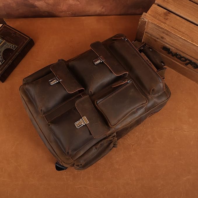 Masa Kawa Leather Backpack for Men Vintage 15.6 Inch Laptop Bag Multi Pockets Casual Work Travel Camping Daypack (deep brown)