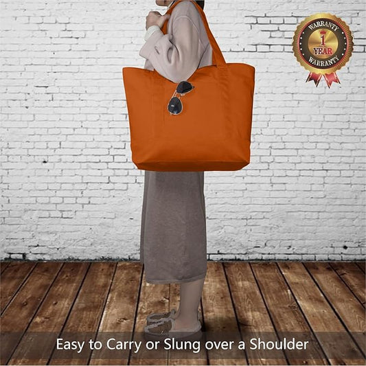 TOPDesign 1-Pack Canvas Tote Bags with an External Pocket, Reusable Grocery Shopping Bags, Top Zipper Closure, Daily Essentials (Orange)