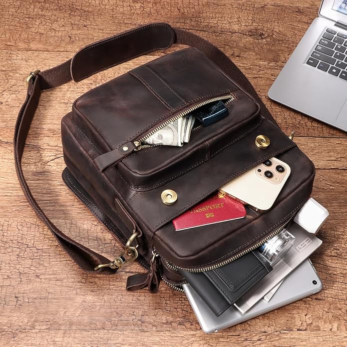 gzcz Leather Sling Shoulder Crossbody Bag Man Purse Messenger Bags for Men Women Outdoor Travel Business