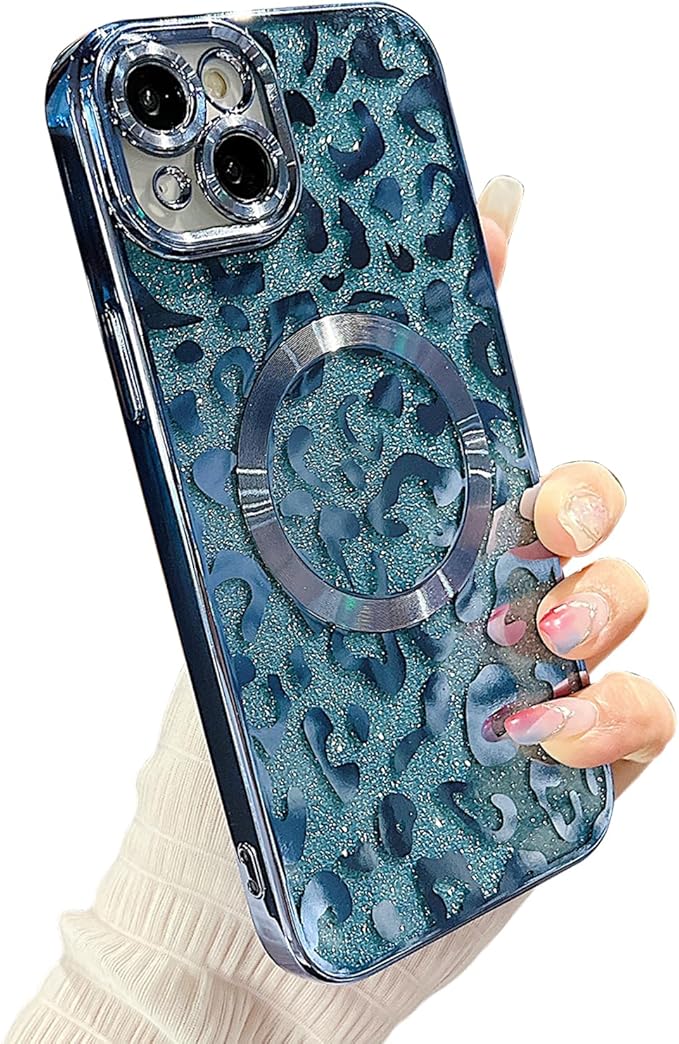 for iPhone 15 Case Magnetic,Soft Cute Luxury Leopard Cheetah Pattern Plating Glitter Bling Phone Case Compatible with MagSafe Clear Shockproof Back Cover for Women Girl 6.1"-Blue