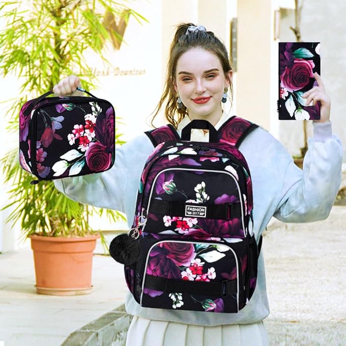 17 Inches Backpack for Girls Women, 3Pcs Rose Laptop Backpacks with Lunch Bag, Water Resistant College School Bookbag Set for Teens Students(Black)