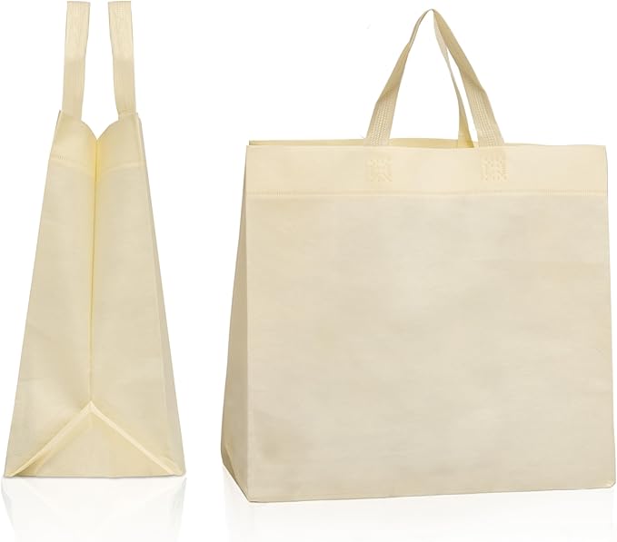 Simply Cool 50 Pack Reusable Eco-Friendly Grocery Shopping Bags 12.6"x6.3"x11.8" Durable, Recyclable, Washable, Foldable, Portable Tote Bags Bulk (50 Pack,Cream)