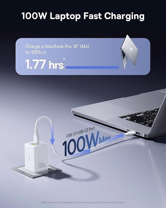 Baseus 100W USB C Charger Block, 3-Port Foldable Compact PPS Wall Charger, Fast Charging Power Adapter for MacBook Pro/Air, iPad, iPhone 17/16, Galaxy S24, Steam Deck & More (White)