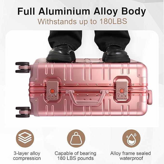 All Aluminum Carry On Luggage 22x14x9 Airline Approved,Zipperless Luggage Premium Aluminum Suitcase Luggage, Hard Shell Carry On Luggage with Spinner Wheels (rose gold, 20inch)