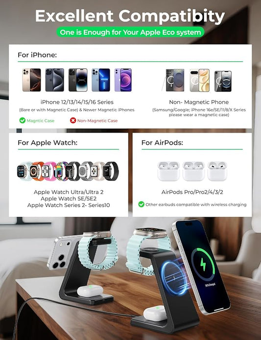 3 in 1 Wireless Charging Station for Apple Mag Safe Charger, 15W Fast Mag-Safe Charger Stand Compatible with iPhone 17 16 15 14 13 12, Apple Watch Charger & Airpods, Gifts for Wife & Husband, Black